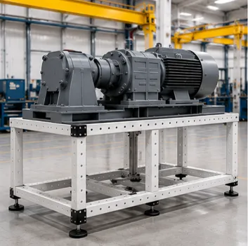 Base modular para maquinaria industrial fabricada con sistema de ingeniería modular Heavy Duty VERSATIX para soportar equipos de producción y procesos industriales.