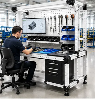 Estación de trabajo industrial modular VERSATIX para procesos de ensamble, montaje y producción con estructura Heavy Duty, panel porta herramientas y almacenamiento integrado.