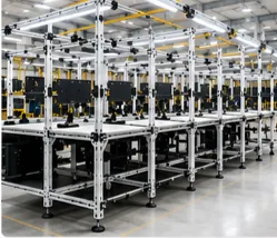 Línea de ensamble modular diseñada para procesos de manufactura y producción industrial.