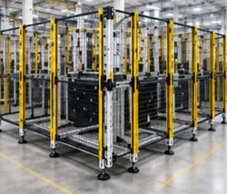 Guardas modulares industriales para protección de maquinaria, robots y operadores.
