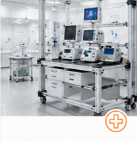 Infraestructura modular industrial VERSATIX para estaciones técnicas, laboratorios clínicos, mantenimiento biomédico y áreas de soporte hospitalario.