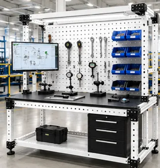 Estación de trabajo industrial modular VERSATIX para inspección, metrología y control de calidad con integración de instrumentos, monitor y panel de herramientas.