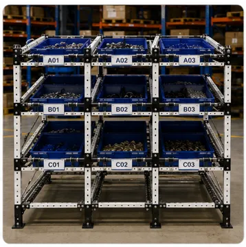 Supermercado Kanban con Flow Rack Industrial Modular VERSATIX para almacenamiento organizado y reposición FIFO.