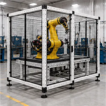 Resguardo de seguridad industrial desarrollado mediante proyectos especiales de ingeniería modular VERSATIX para proteger robots, operadores y procesos automatizados.