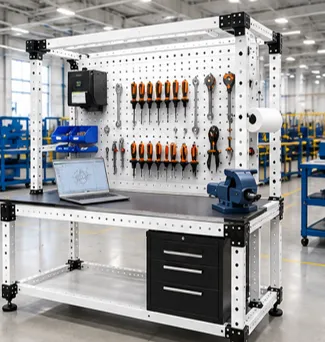 Estación de trabajo industrial modular VERSATIX diseñada para mantenimiento preventivo y correctivo de equipos industriales con herramientas organizadas y gabinete integrado.