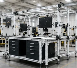 Estación de trabajo industrial modular diseñada según el proceso productivo y los requerimientos del cliente.