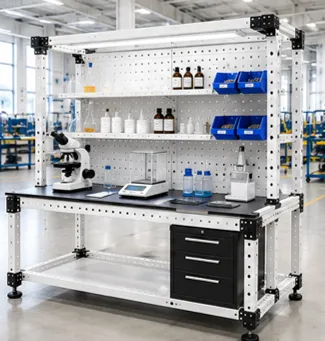 Estación de trabajo industrial modular VERSATIX para laboratorios técnicos, análisis, pruebas y validación con superficie de trabajo ergonómica y almacenamiento modular.