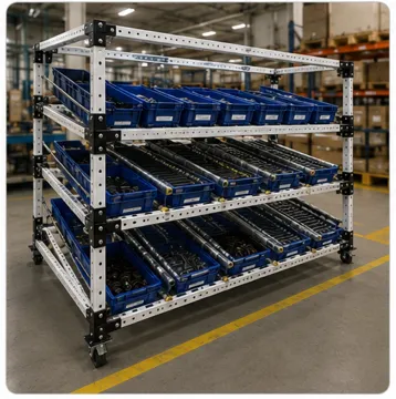Flow Rack Industrial Modular con rodillos para almacenamiento dinámico FIFO y rotación eficiente de materiales.