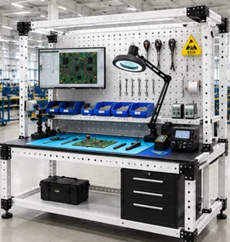 Estación de trabajo industrial modular VERSATIX para ensamble electrónico, reparación de tarjetas y áreas ESD con iluminación técnica, monitor y accesorios especializados.