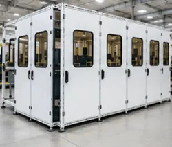 Cabina modular industrial para aislamiento, protección y control de procesos de manufactura.
