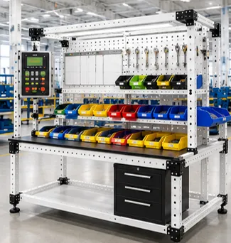 Estación de trabajo industrial modular VERSATIX para Lean Manufacturing con sistema Kanban, almacenamiento FIFO, gestión visual y organización eficiente de materiales.