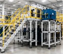 Plataforma modular industrial con escaleras y pasarelas para mantenimiento seguro de maquinaria.