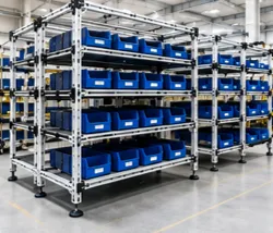 Rack modular industrial para almacenamiento organizado de componentes y materiales.