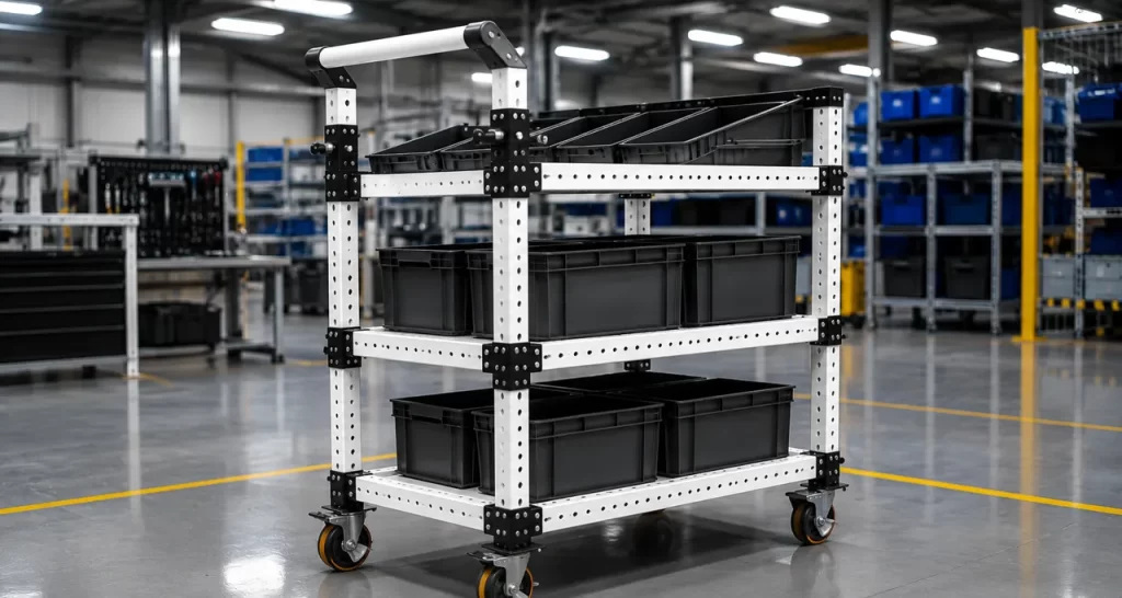 Carro industrial heavy duty modular VERSATIX fabricado con tubería estructural cuadrada perforada de 50 x 50 mm, uniones metálicas negras y ruedas industriales para el transporte eficiente de materiales en plantas de manufactura.