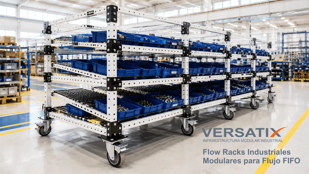 Flow Rack Industrial Modular para Flujo FIFO VERSATIX con estructura Heavy Duty y contenedores para abastecimiento eficiente de líneas de producción.