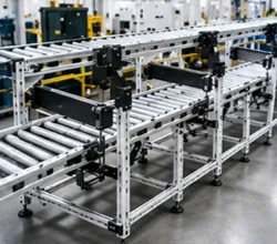 Línea modular de transporte industrial con rodillos para flujo continuo de materiales.