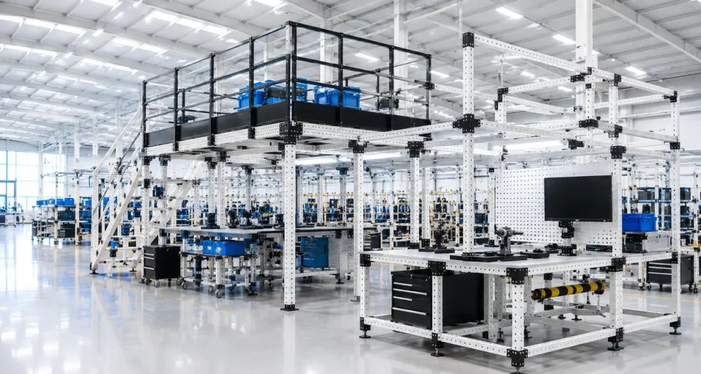Estructura modular industrial VERSATIX fabricada con tubería estructural cuadrada perforada de 50 × 50 mm y uniones metálicas negras, diseñada para plataformas, estaciones de trabajo, cerramientos y soluciones especiales de ingeniería industrial.