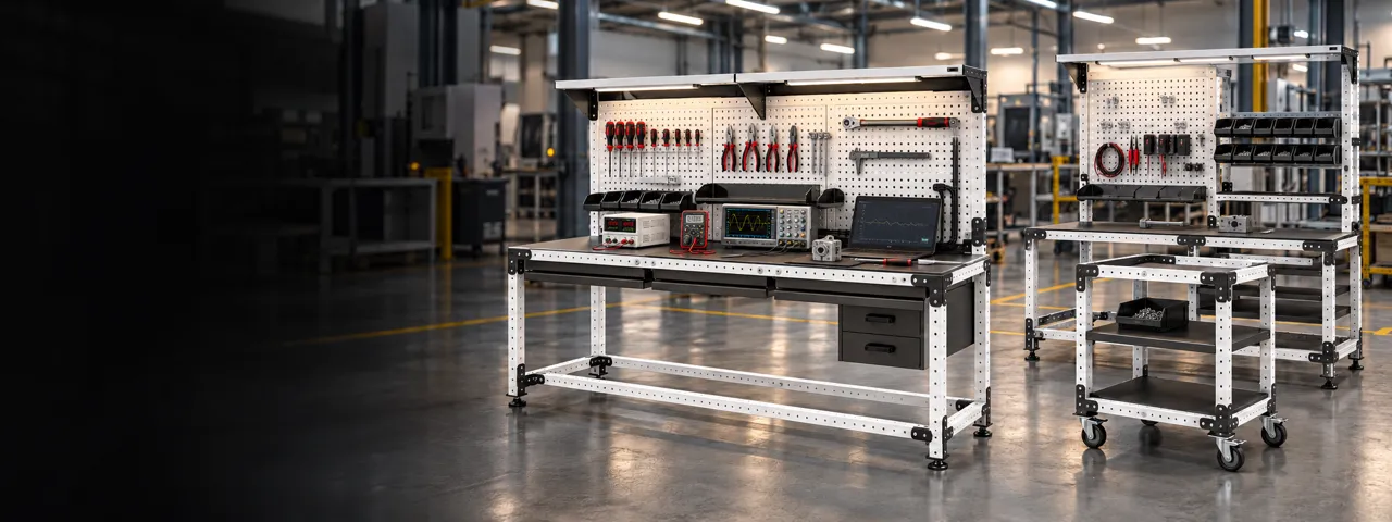 Infraestructura modular industrial Heavy Duty VERSATIX con estaciones de trabajo, carros, instrumentación y herramientas